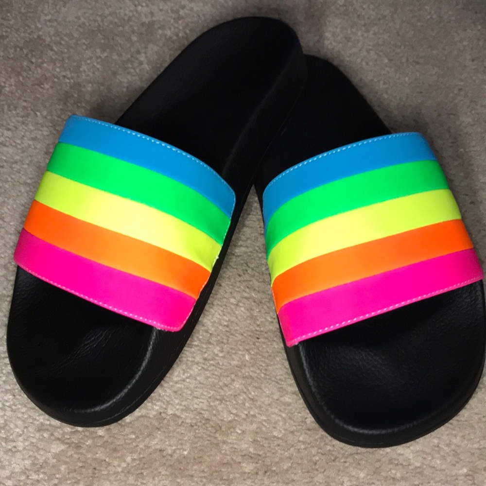 🌈 rainbow neon slides women 9